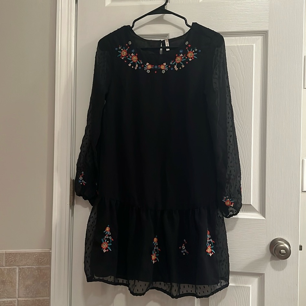 Black mesh long sleeve dress with floral detail